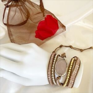 Rose Quartz Bohemian Adjustable 3-Row Beaded Wrap Bracelet Button Loop Closure